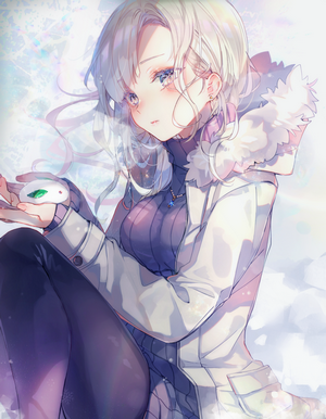 Anime girl with silver hair in winter coat holding a mochi