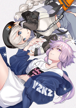 Two anime girls with silver and purple hair