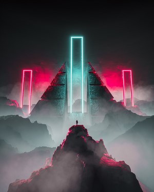 Sci-fi pyramid with neon lights and person on mountain
