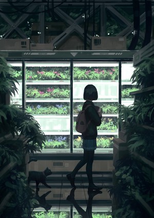 Girl and black cat in a futuristic greenhouse