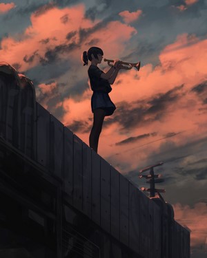 Girl playing trumpet on rooftop at sunset