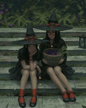 Two anime witches with witch hats and vegetables