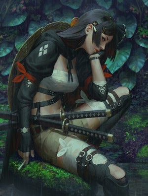 Samurai woman with swords and cigarettes in the rain