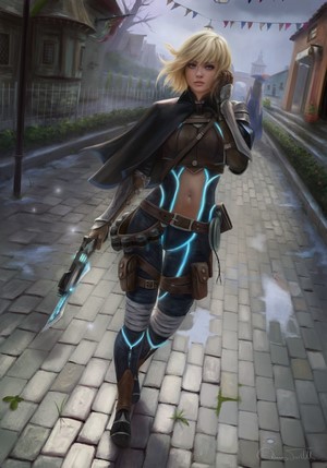 Woman with blonde short hair holding a gun