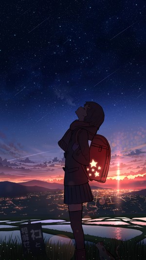 Anime Girl Watching Stars at Sunset