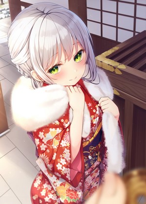 Anime girl in red kimono with white fur trim