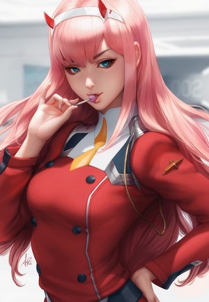 Zero Two from Darling in the FranXX with a lollipop