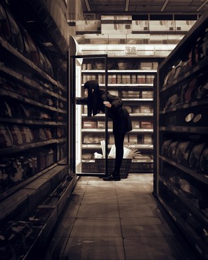 Girl in a store looking through shelves