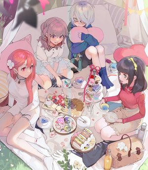 Anime girls having a picnic with food and drinks