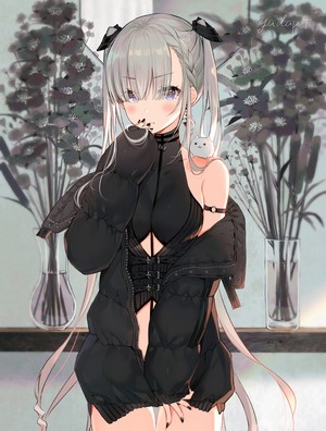 Anime girl with silver hair and black outfit