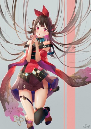 Anime girl with long brown hair and red eyes