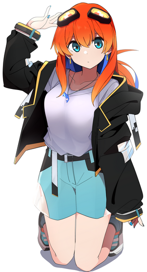 Anime girl with orange hair and blue eyes kneeling