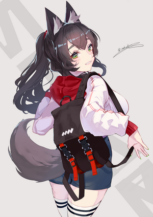 Anime girl with wolf ears and tail, wearing a hoodie and backpack