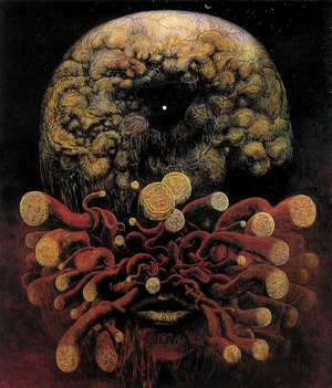 Surreal portrait of a grotesque, alien-like figure