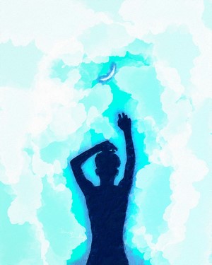 Silhouette reaching for the moon in clouds