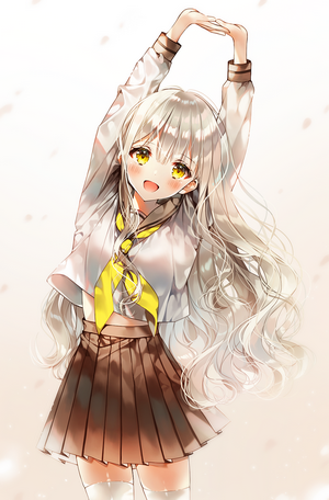 Anime girl with silver hair and yellow eyes stretching