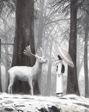 White Deer and Woman in Kimono in Snowy Forest