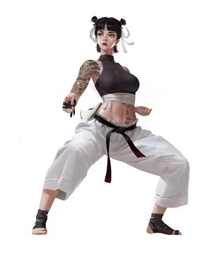 Fantasy warrior girl with tattoos in fighting stance