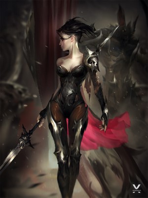 Fantasy warrior woman with sword and armor