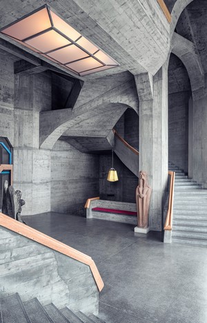 Interior of the Goethanum with stairs and statues