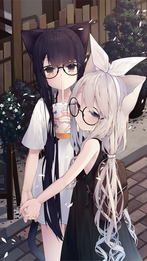 Two anime girls with cat ears and glasses holding hands
