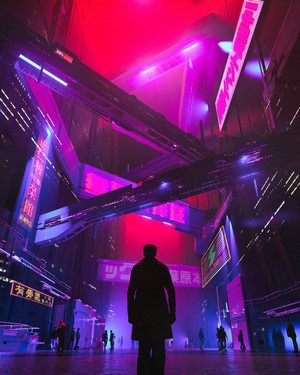 Futuristic Cityscape with Neon Lights and Silhouetted Figure