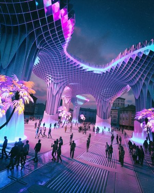 Futuristic plaza with glowing trees and people