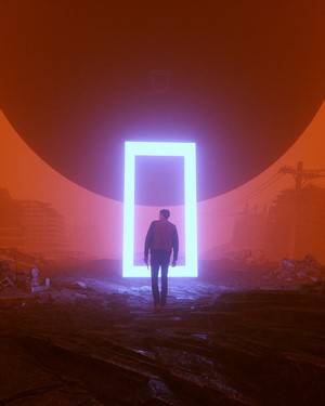 Man walks towards a neon portal in a desolate landscape