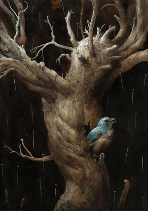 Artwork by Santiago Caruso featuring a bird on a tree