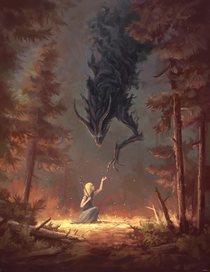 Girl and shadow creature in a forest
