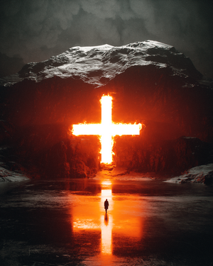 Glowing Cross Portal in Mountains