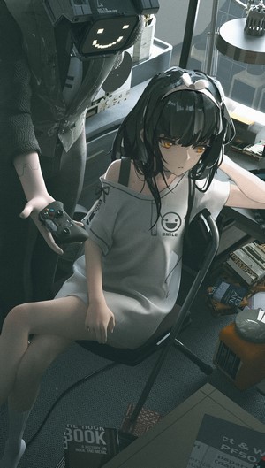 Anime girl with robot holding a game controller