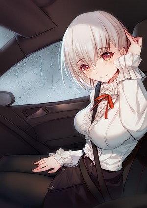 Anime girl with silver hair and red eyes in a car