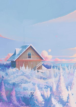A cozy house in a snowy forest under a pastel sky
