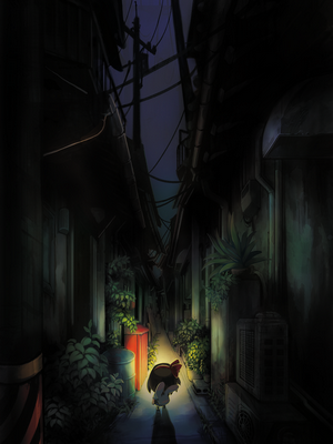 Girl in a dark alley at night