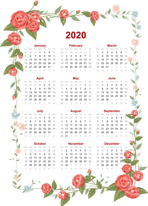2020 floral calendar with roses and leaves frame