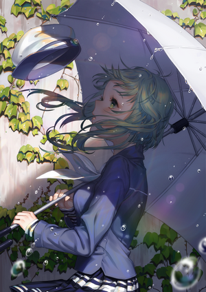 Anime girl with green hair holding an umbrella in the rain