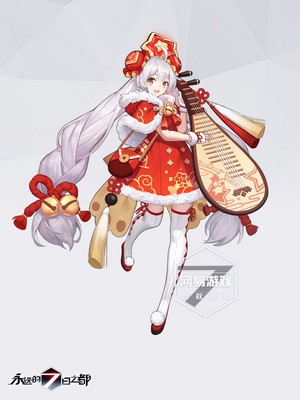 Anime girl with white hair and red outfit holding a lute