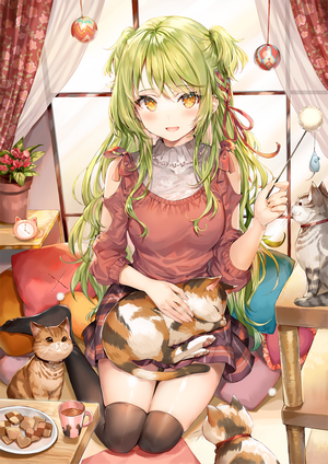 Anime girl with green hair and cats indoors