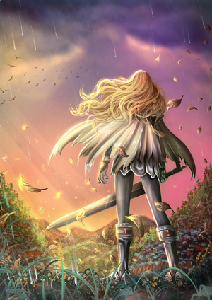 Woman with sword in a forest during rain