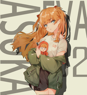 Asuka Langley Soryu from Neon Genesis Evangelion holding a doll