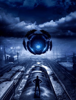 Man on train looking at glowing orb at night