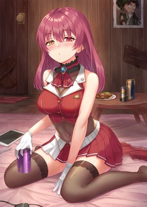 Houshou Marine from Hololive, drunk, wearing miniskirt and black stockings