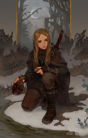Fantasy girl with sword and potion in forest