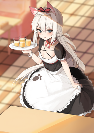 Maid girl with cat ears serving drinks