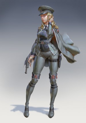 Woman in military uniform holding a Luger P08 pistol