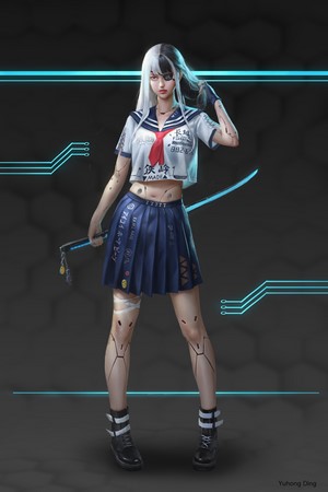 Cyberpunk anime girl with sword and robotic limbs
