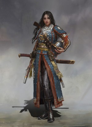 Woman in ornate armor with weapons