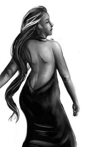 Monochrome illustration of a woman with long hair