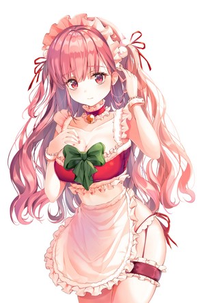 Anime girl with pink hair in Christmas maid outfit
